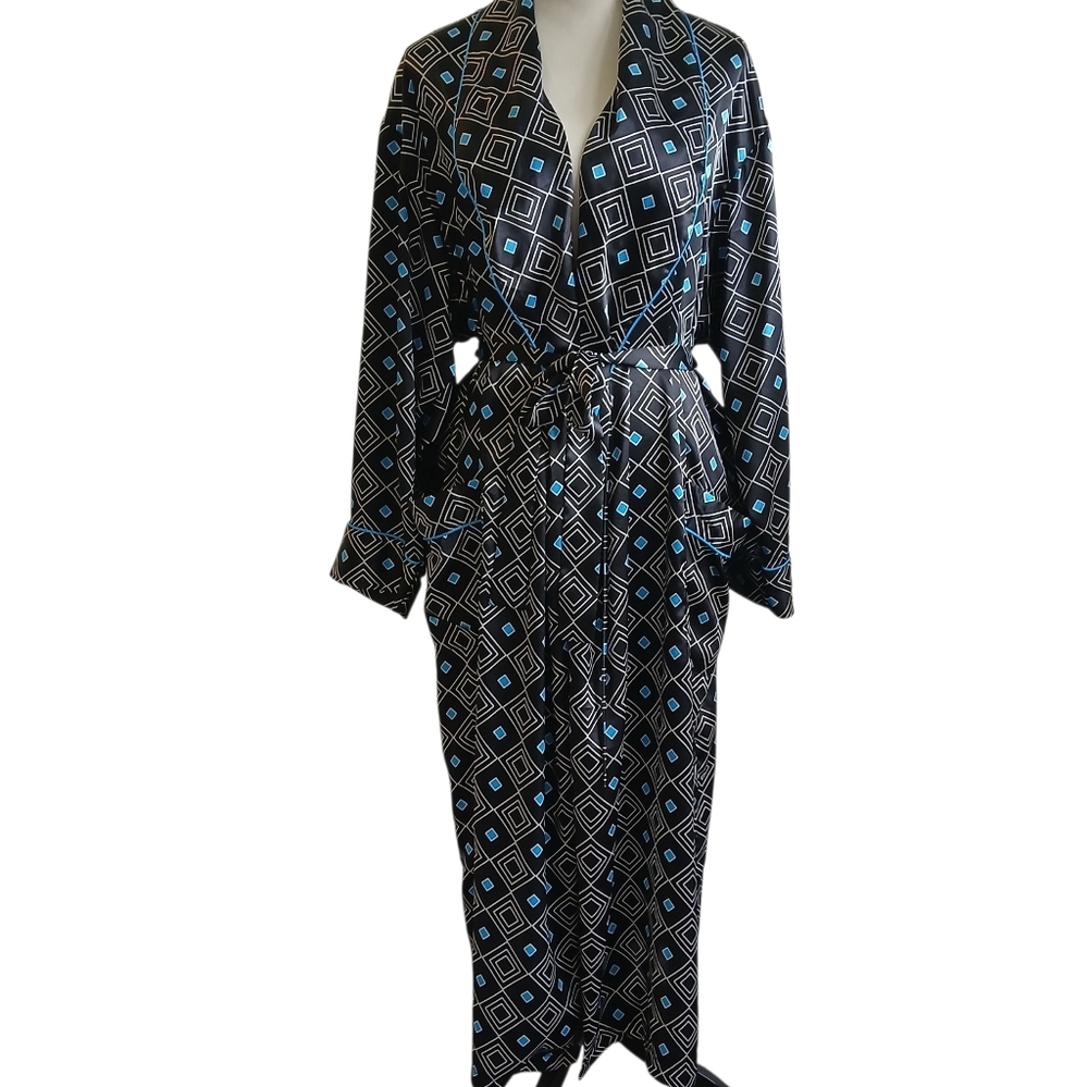 Vintage Victoria's Secret-90's-Black & Blue-Geometric-Silky Robe -Medium / Large